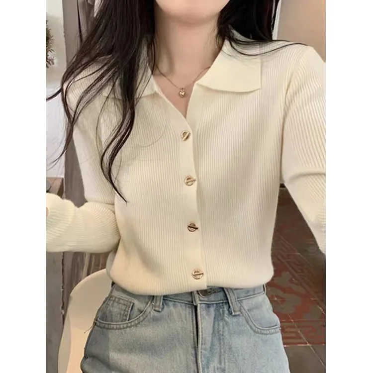 

Autumn 2025 New Collar Knitted Sweater Long Sve Button Base Layer Top Ele Design Women's Faion Viscose Fiber