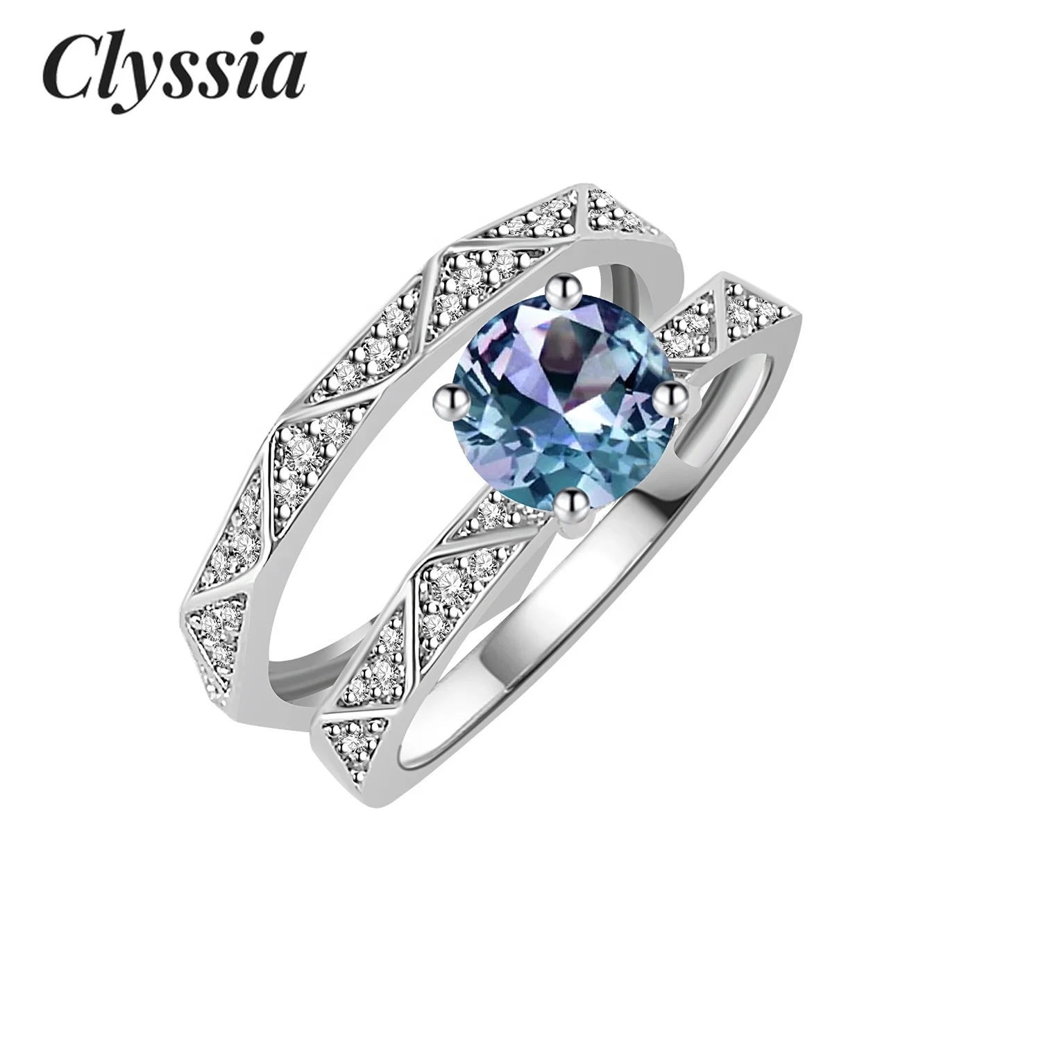 

CLYSSIA 925 Sterling Silver Color Change Alexandrite Luxury Wedding Engagement Stack Ring Set Women Jewelry Jewellery