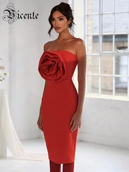 VC Sexy Strapless 3D Stero Flower Bandage Dress Women Bright Red Sleeveless Backless Midi Bodycon Celebrity Evening Party Gowns