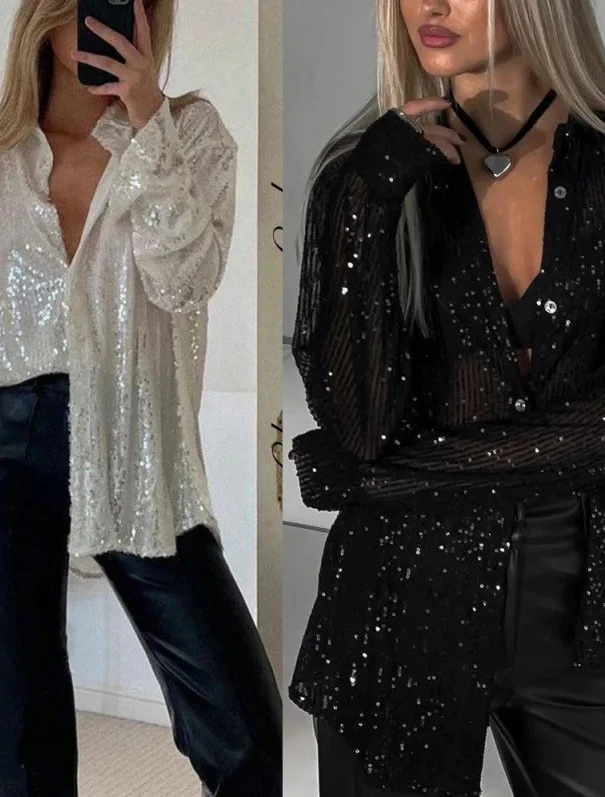 

Sexy Long Sleeve Collared Beaded Women's Shirt Outerwear Street Style Trendy Mid-Length Regular Fit Pure Color