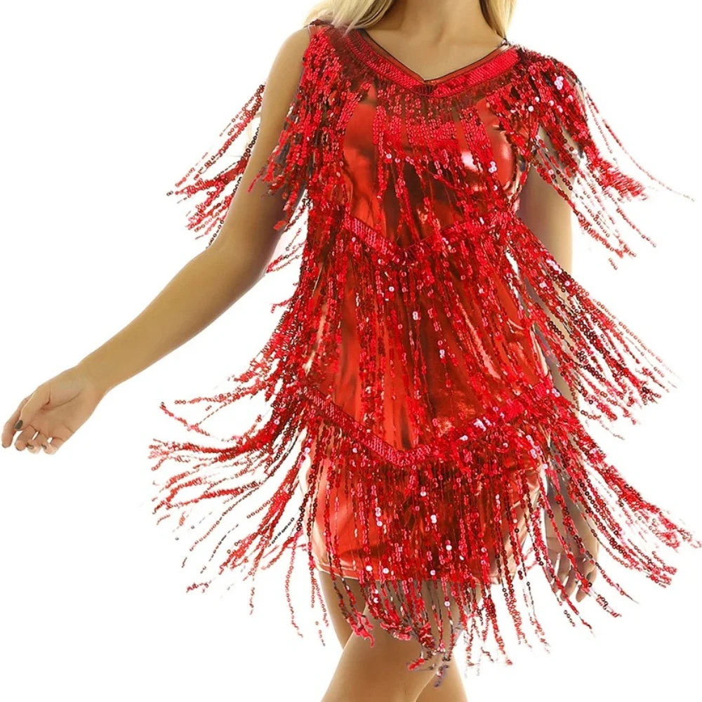 

Women 1920s Dance Dress V Neck Shiny Sequin Tassel Fringe Flapper Latin Rumba Dress Glitter Salsa Tango Ballroom Dancing Dresses