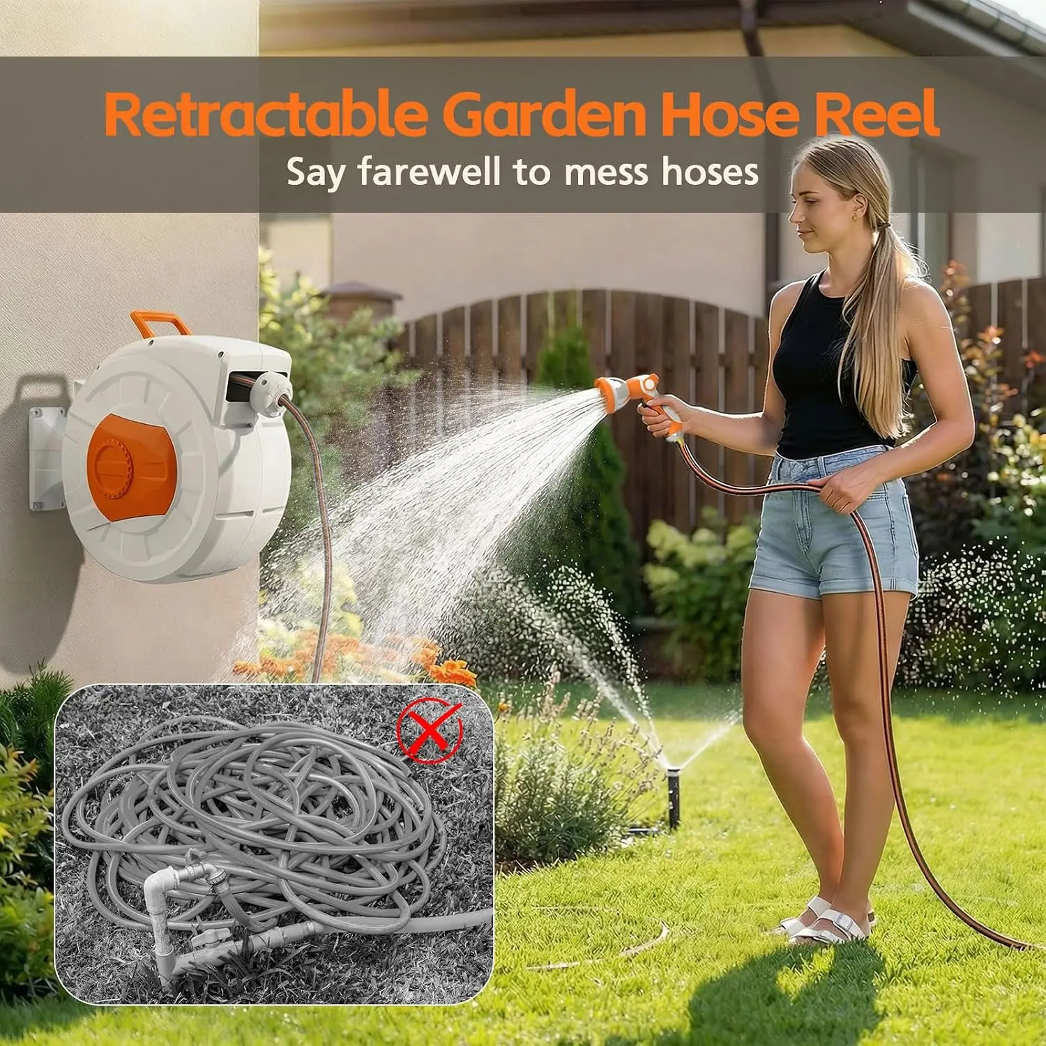 Garden Hose Reel 100ft, Wall Mounted Retractable Water Hose Reel With 180 Degree Swivel Bracket, Heavy Duty Automatic Roll Up Hose Organizer, Ten Pattern Spray Nozzle For Yard Car Washing view 6