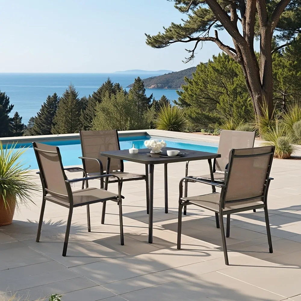

Outdoor Dining Set, Patio Furniture Set with Textilene Chairs and Square Metal Table, All-Weather Table and Chairs Set