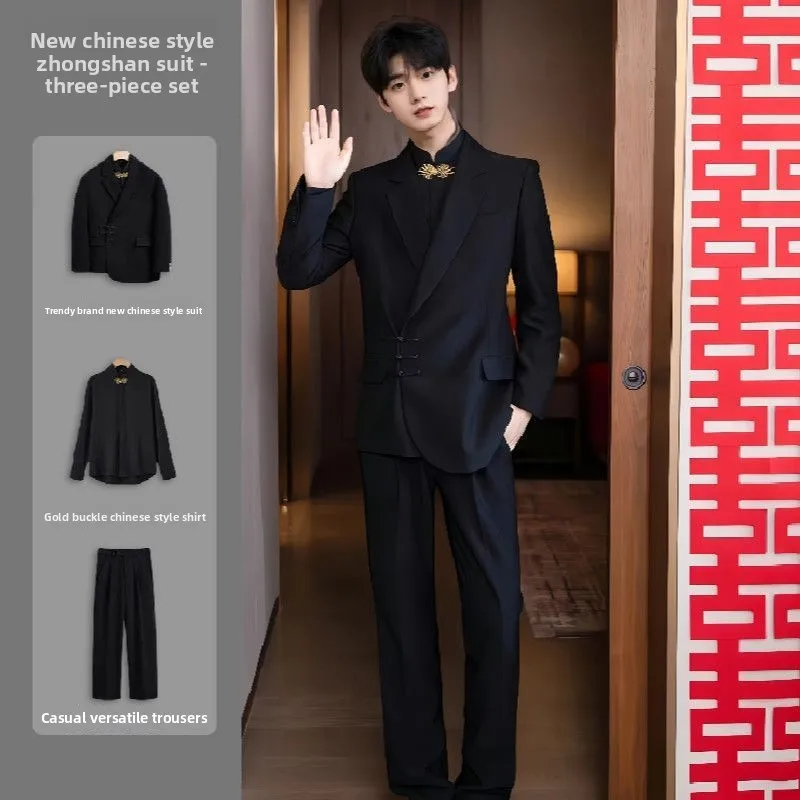 

New Chinese Sle Buttoned Wedding Suit for Young Men Engagement Wedding om Formal Wear High End Autumn Winter Suit Set