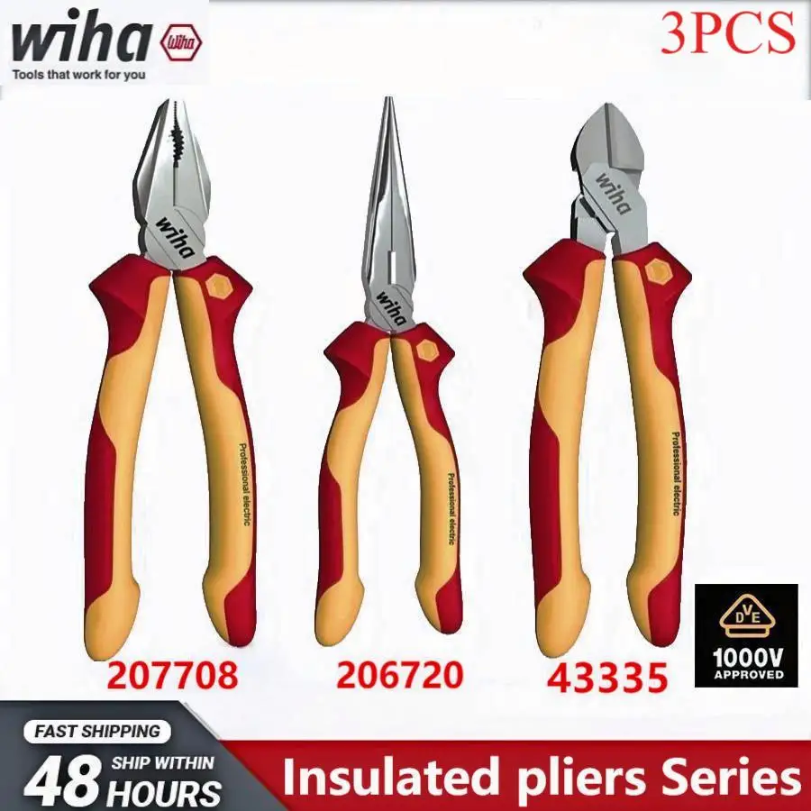 Wiha Tool Set 26708 Combination Pliers and 26720 Insualted Needle Nose Pliers and 43335 Diagonal Pliers 1000V VDE Tools