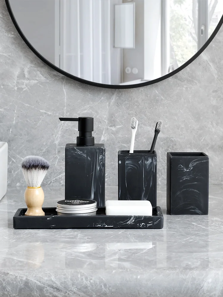 Bathroom Accessories Vanity Countertop Accessory Set Marble Look Lotion Dispenser Tumbler Toothbrush Holder Tray