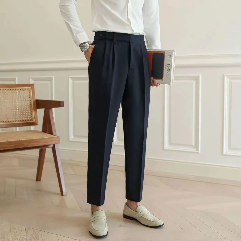 2024 Summer New Men's Korean Trendy Solid High Waisted Button Ruched Pockets Trousers American Style Slim Business Casual Pants