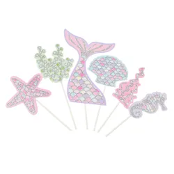 6pcs/set Ocean Cake Toppers Flags Cupcake Mermaid Cake Topper Kids Birthday Wedding Bridal Cake Wrapper Party Baking DIY Decor