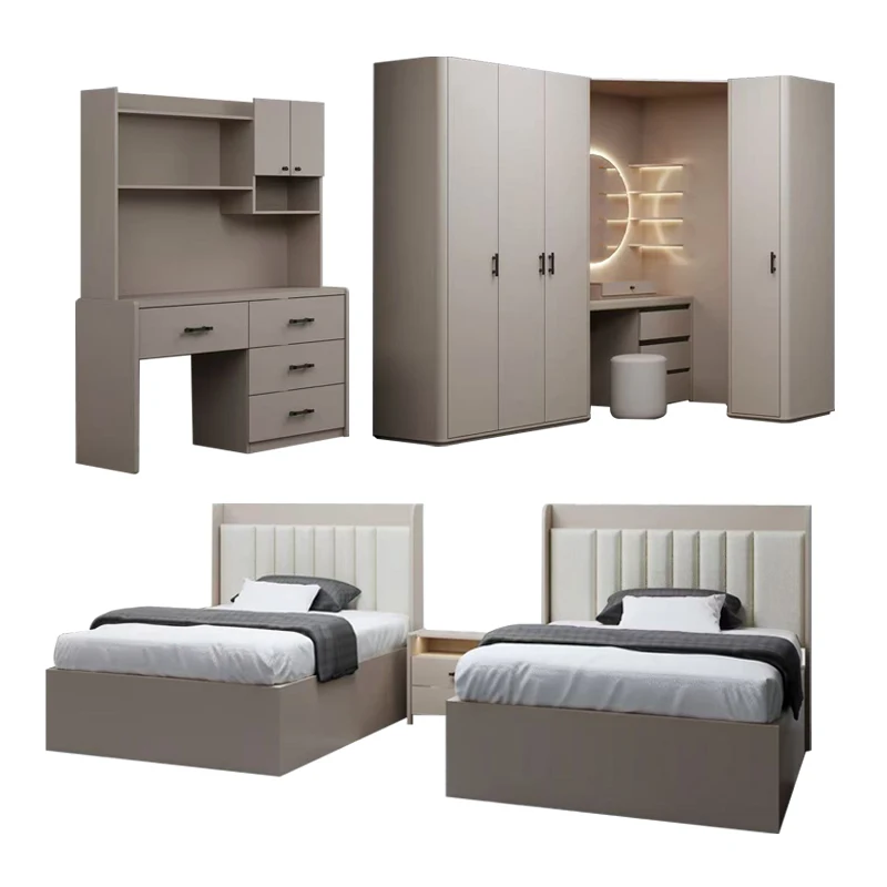 

&Simple Modern Wooden Frame Complete Kids Bedroom Sets Hotel Room Twin Beds Full Set Queen Size MDF Children Bedroom Furniture