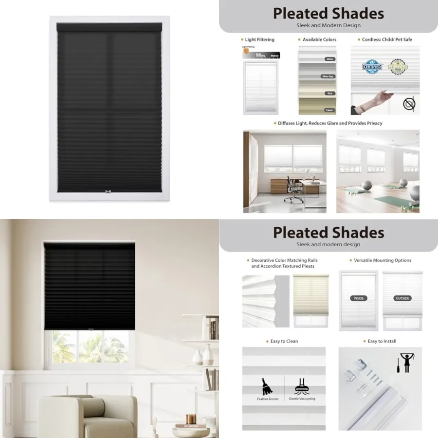 

Cordless 1" Light Filtering Pleated Shade, Fabric, 34" W x 64" H