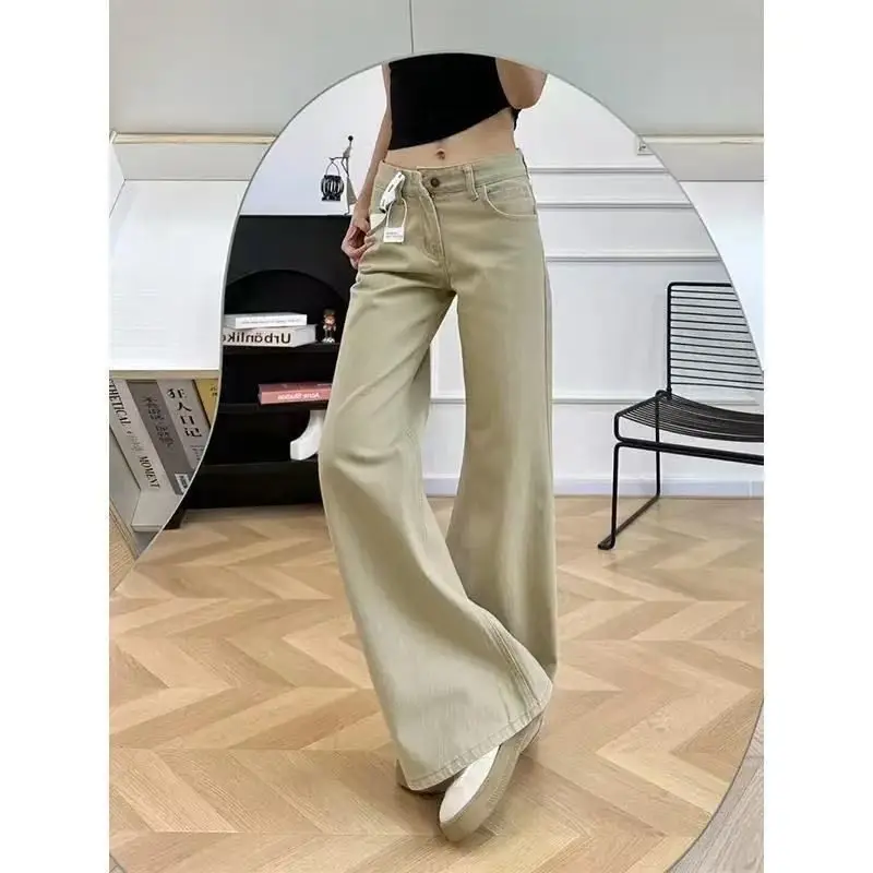 

Retro American Denim Jeans Loose Low Waist Not Fitted Khaki Color Floor-Length Pants Wide Leg l Waist Pure Color Casual