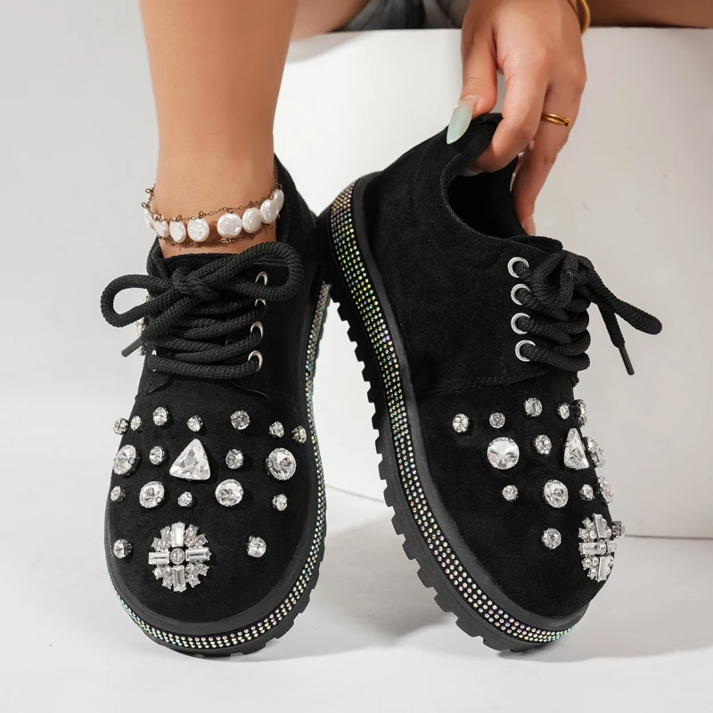 

High-quality Appearance Thick-soled Round-top Lace-up Crystal Women's Casual Comfortable Slip-resistant Breathable Single Shoes