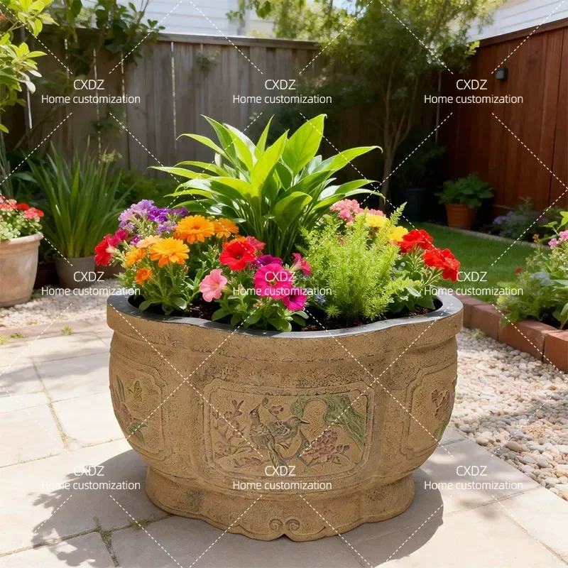 Large Garden Flower Pot Chinese Carved Retro Planter Extra Large Triangle Plum Big Mouth Flower Tank for Villa Landscaping