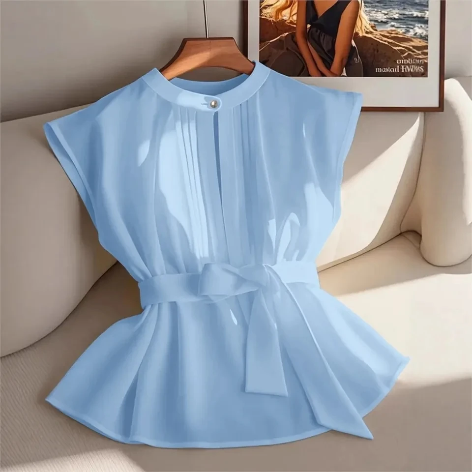 

2026 Classic Elegant Solid Color Sleeveless Belt Pleated Shirt Women's Fashion Hollow O Neck Button Female Office Shirt