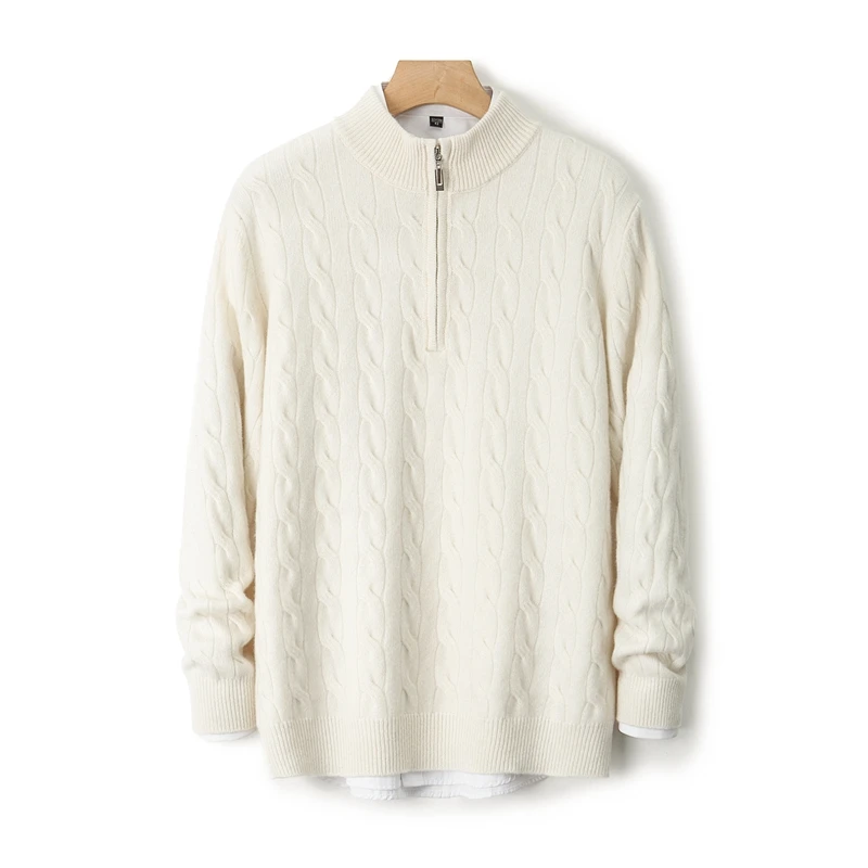 Men Wool Sweater Half Zipper Pullover Autumn Winter Thick Warm 100% Merino Wool Knitwear Mock Neck Twist Clothing Korean Tops - Image 4