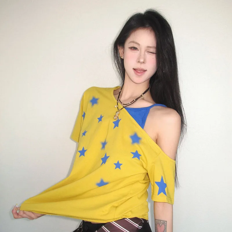 Sexy Star Printed Spliced Off Shoulder Fake Two Piece Blouses Female Clothing 2025 Summer New Loose All-match Tops Casual Shirts