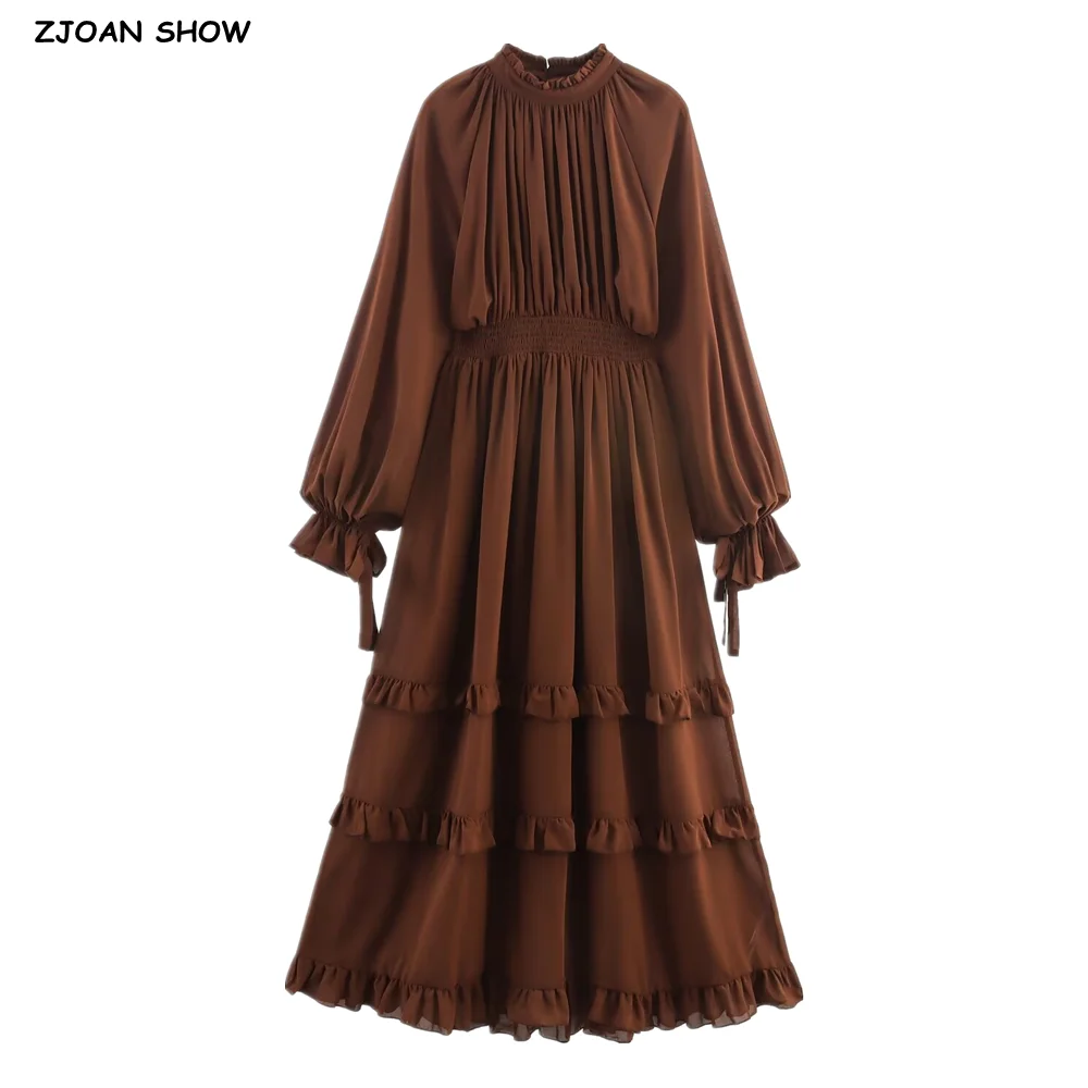 

2025 винтажное шифоновое платье кофе с длинными рукавами-фонариками, женское платье с воротником-стойкой, эластичной резинкой на талии и оборками, свободное платье до щиколотки, халат