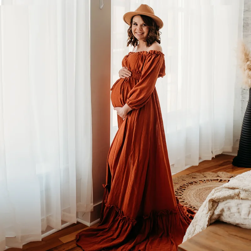 Pregnancy Women Photography Cotton Dresses Off Shoulder Two Piece Top& Long Maxi Gown Maternity Photoshoot Baby Shower Gift