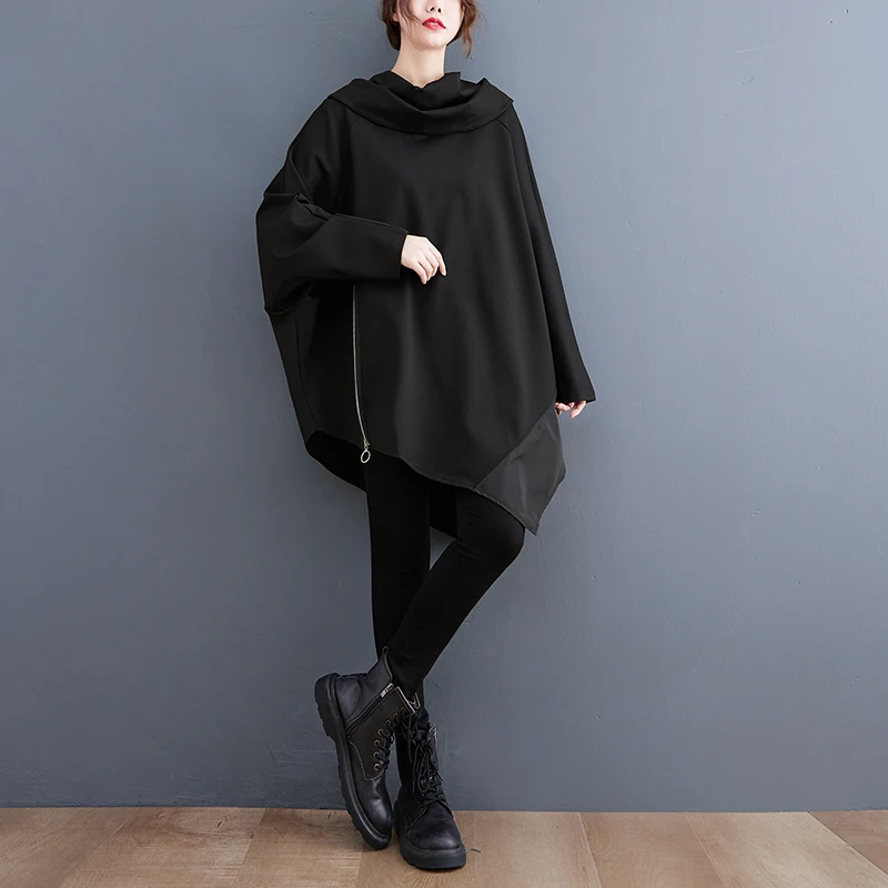 #3704 Autumn Winter Black Asymmetrical Hoodies Sweatshirt Tops Pullovers Loose Batwing Sleeve Long Sweatshirt Zipper Pile Collar