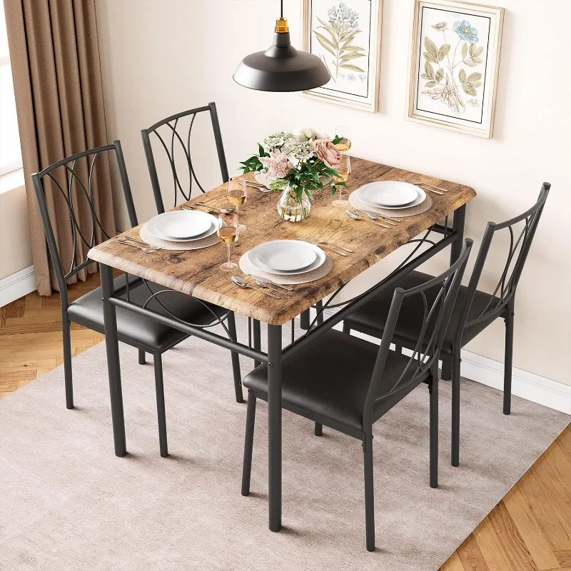 Dining Table Set, 5 Piece Dining Table Set for 4, 4 Upholstered Chairs, Dining Table Set for Small Space, Apartment, Retro Brown