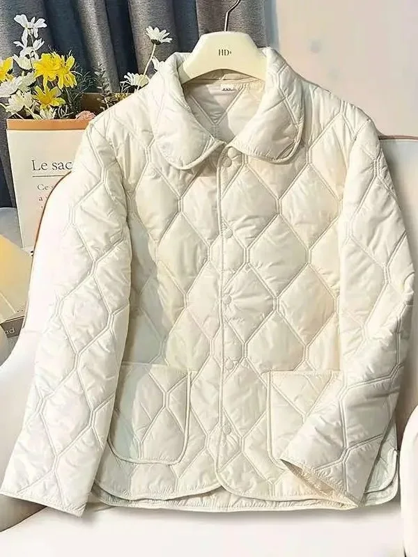 French Elegant Women's Collared Button Down Diamond Quilted Lightweight Short Cotton Jacket Loose Pocket Autumn Outerwear