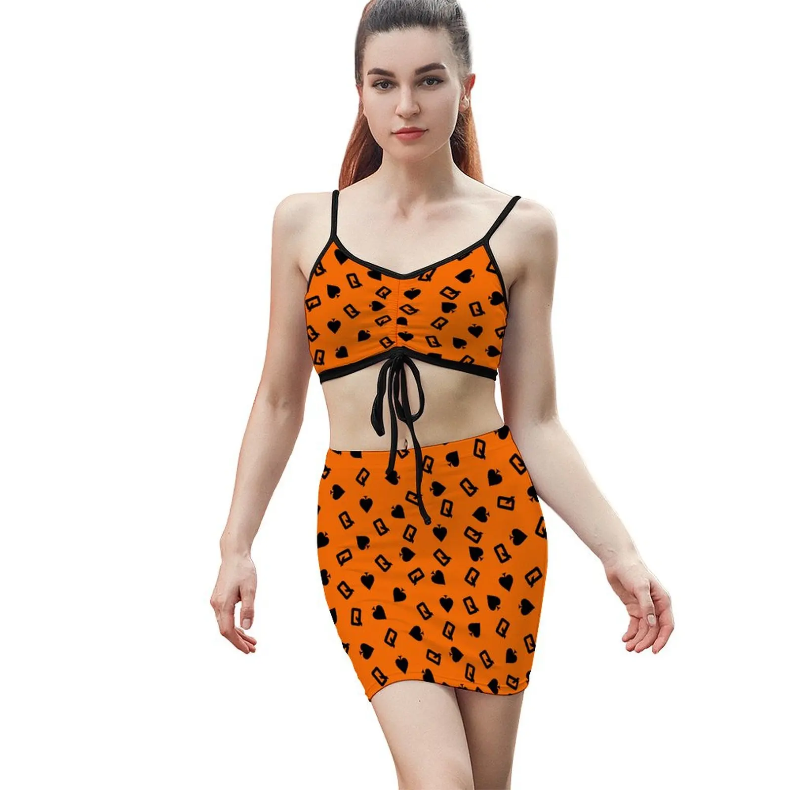 Summer Two Piece Outfits for Women Spades Q print Crop Tops High Waisted Bodycon Mini Skirt Sets