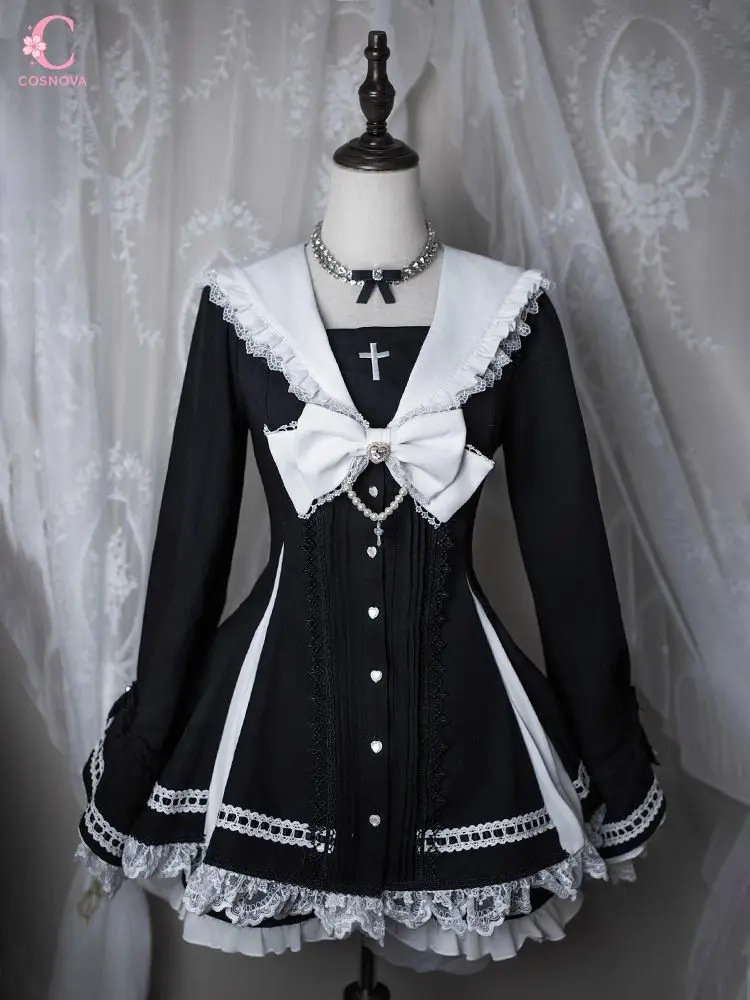Japanese Gothic Lolita Dress Set Women Lace Patchwork Long Sleeve Bowknot Sailor Collar Mini Dress with Shorts Dark Sweet Outfit