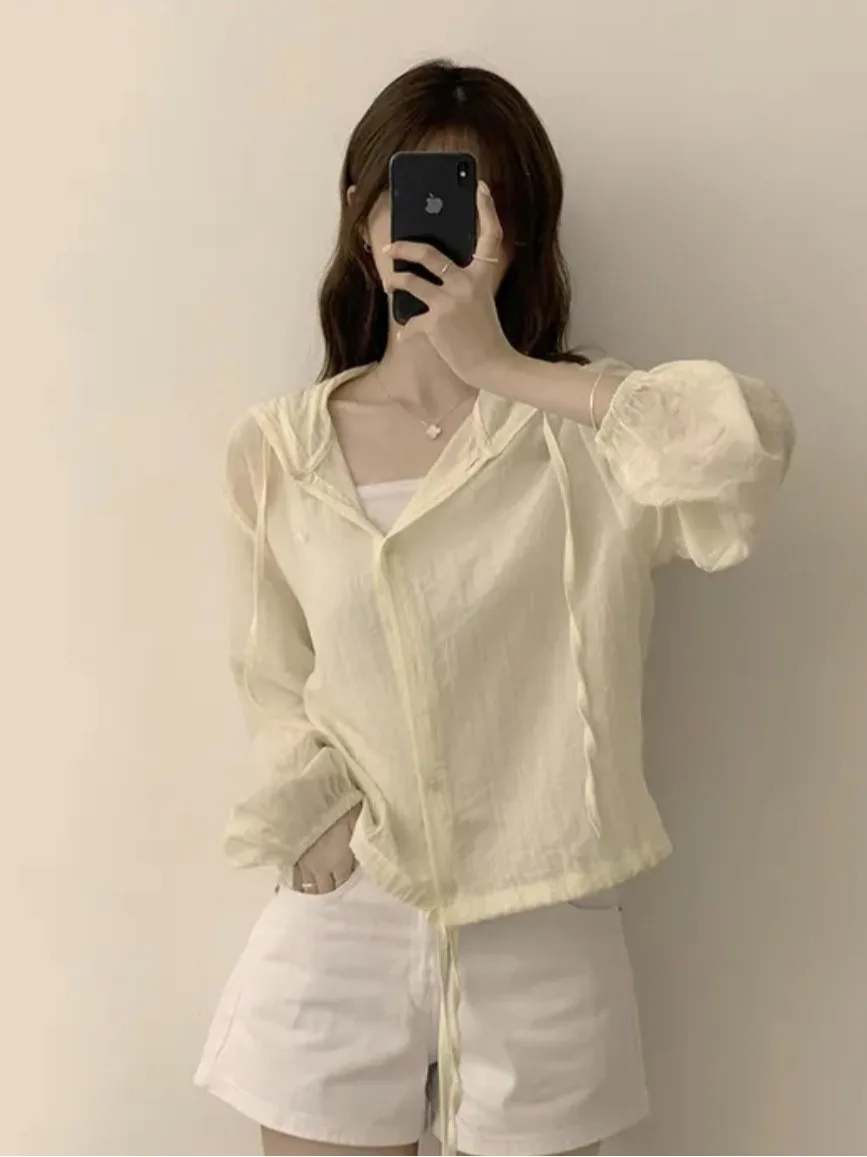 Koreaanse Sle Faion enkele knop UV-bescherming chiffon top met capuchon dames vroege herfst lang Sve lichtgewicht veelzijdig...