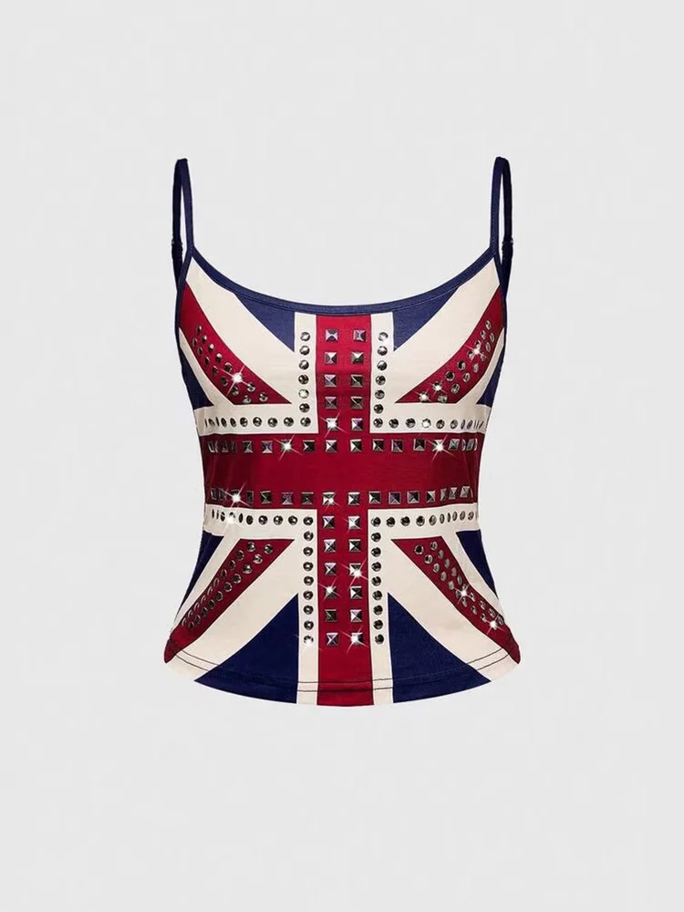 Sommer Slim Fit Crop Tank Tops Damen Union Jack Print Nietenverzierte Spaghetti-Träger Streetwear Y2K Ästhetik Camisole 2026 Neu