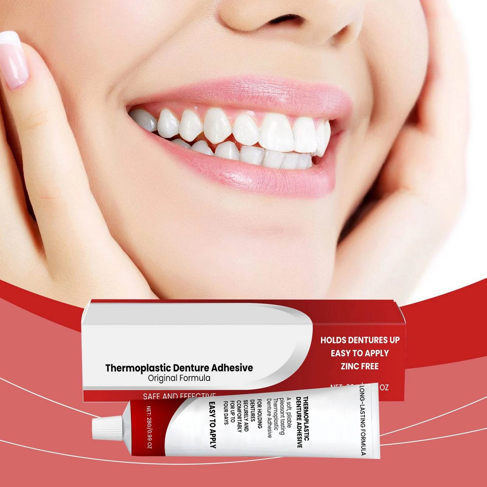 

Zinc-Free Thermoplastic Denture Adhesive Refits and Tightens Dentures Fitting Upper and Lower Dentures
