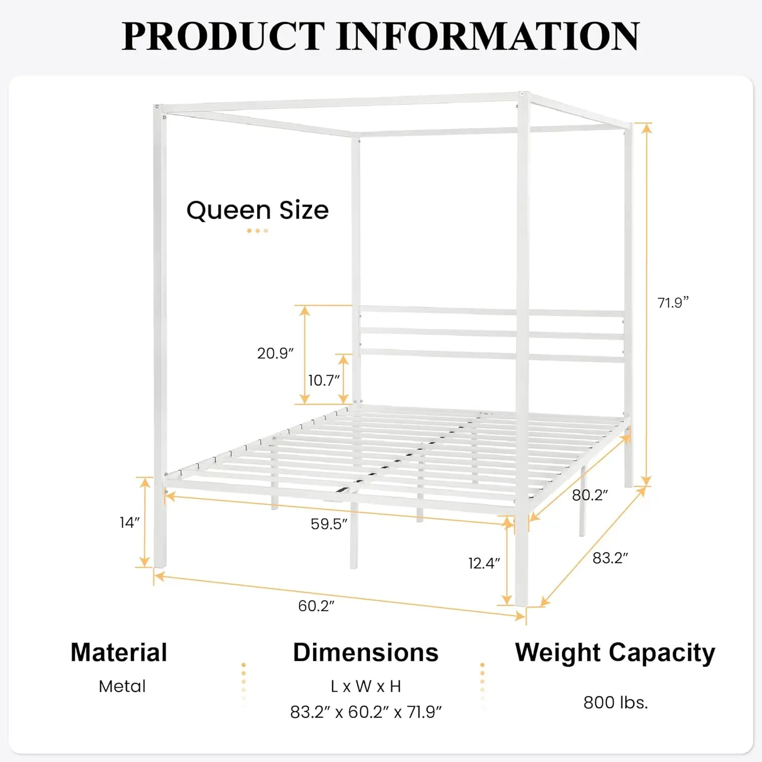 Metal Canopy Bed Frame Queen Size/Mattress Foundation with Metal Slats Support/No Box Spring Needed/Easy Assembly/White