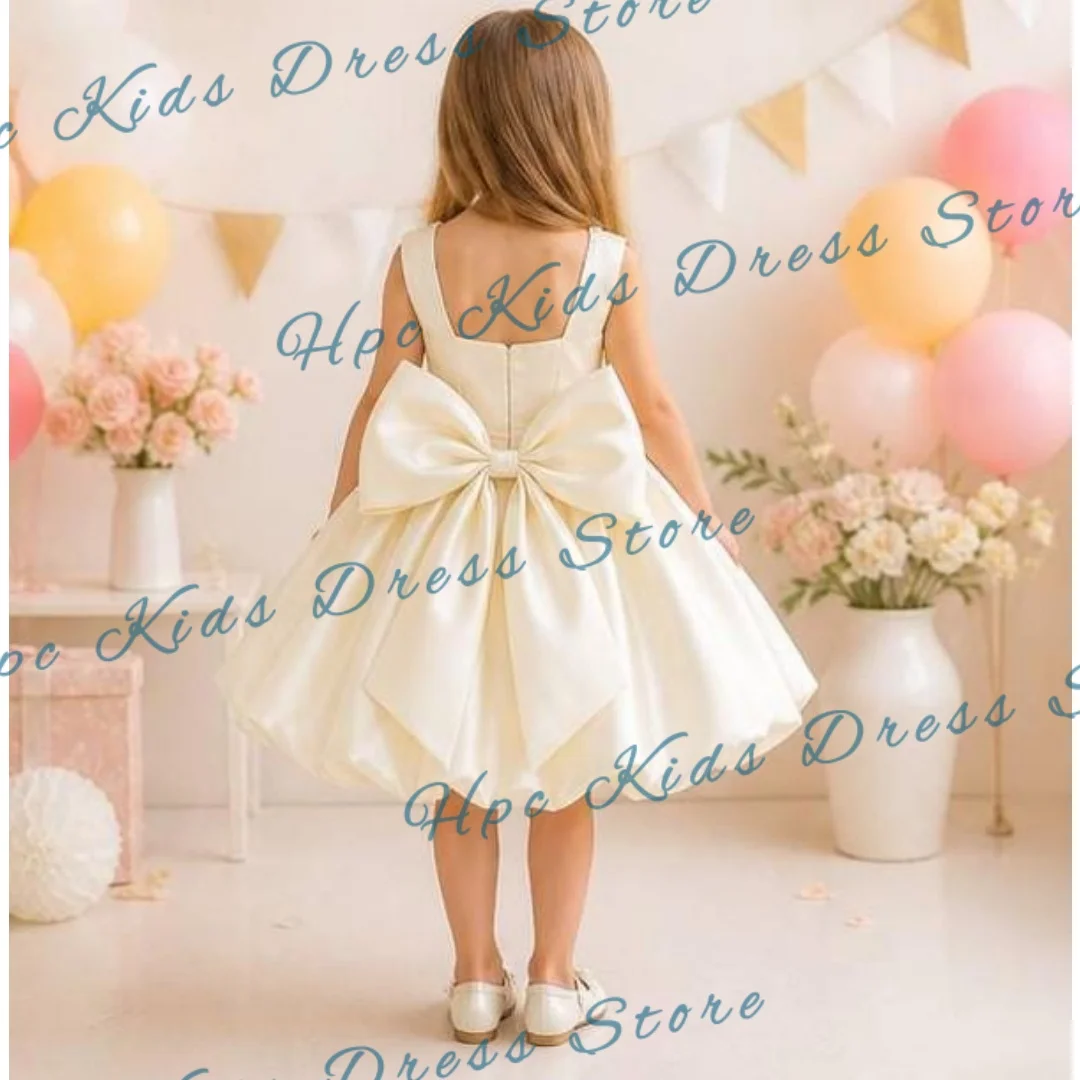 Custom White Satin Flower Girl Dress Pearl Neckline  Wedding Sleeveless forFirst Communion Kids Party Outfit