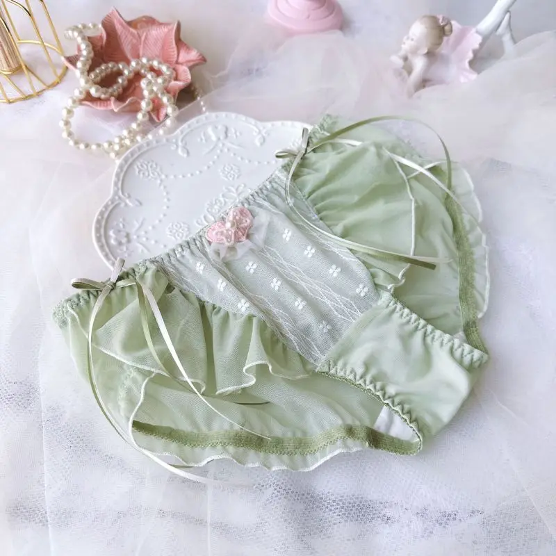 Sexy Lace Mesh Ruffles Ribbon Bow Lolita Princess Cute Lovely Sweety Women\'s Panties Embroidery Cosplay Elasticity Underwear