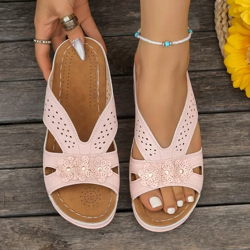 2026 Neue Plus-Size-Freizeitschuhe für Damen, modisch, runde Zehen, offene Zehen, rutschfest, mit Blumenmuster, atmungsaktiv – Detail 5