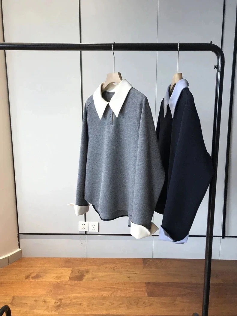 Color Block  Neck Long Sleeve Sweatshirt Shirt Style Casual Knitted Top Creative Loose Fit Daily Wear Pure Color