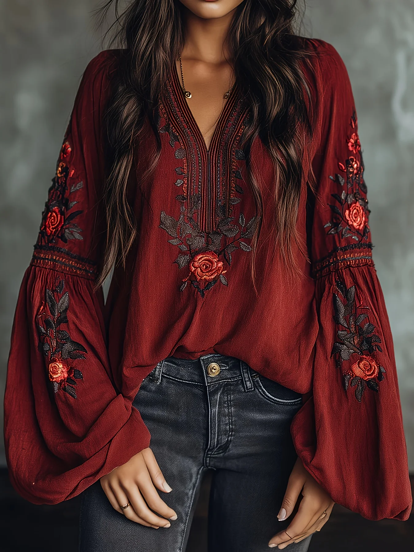 

Women's Retro Embroidered Flower Blouse V Neck Lantern Sleeve Loose Fit Casual Spring Vacation Top plus Size