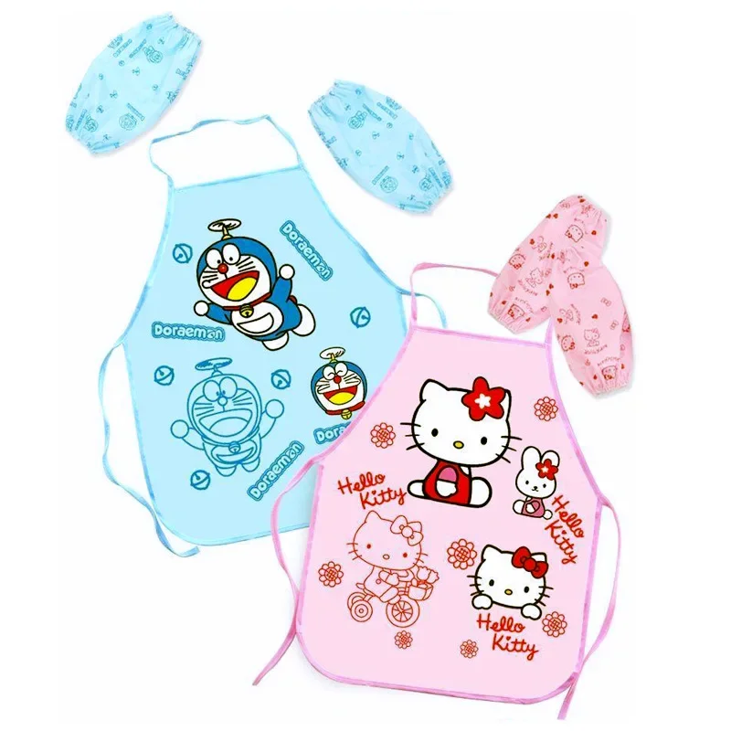 Hello Kitty Apron Set Kids Sleeveless Apron with Anti-dirty Sleeves Cartoon Children Water Proof Antifouling Housework Skirt