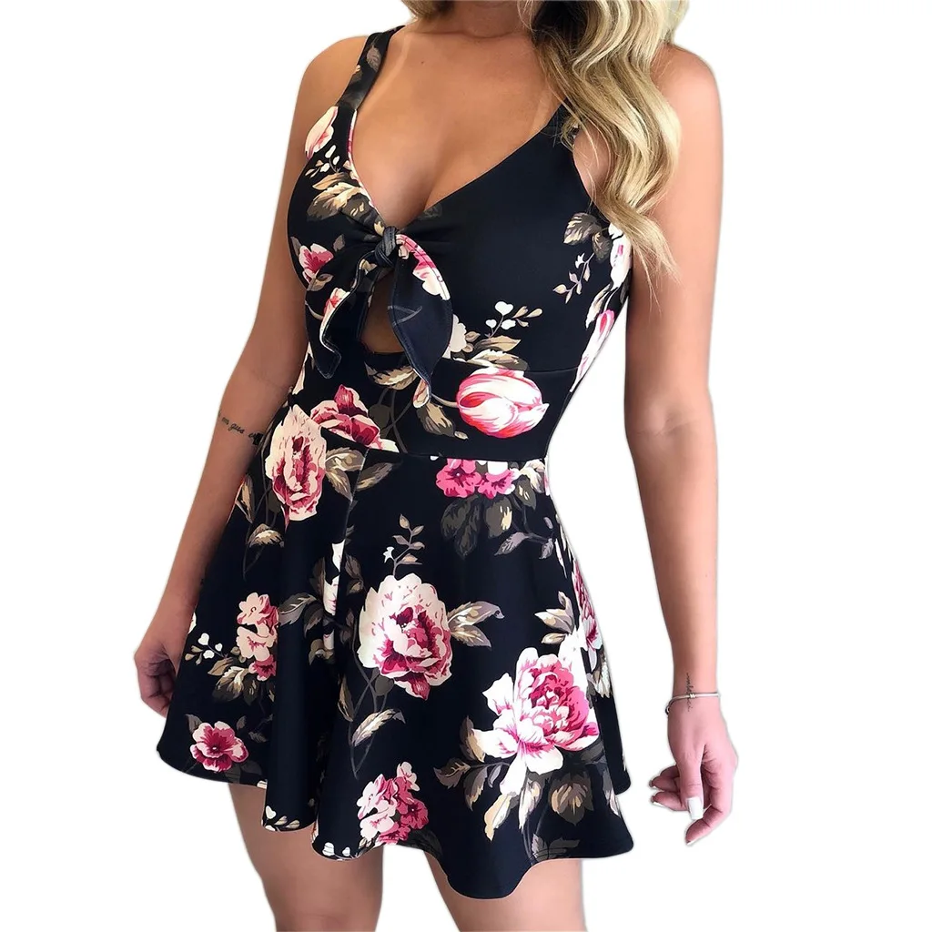 Sexy Hollow Deep V-neck Print Jumpsuit For Women Fashion Sleeveless Lace Up Slim Short Playsuits Lady Beach Vacation Jumpsuits