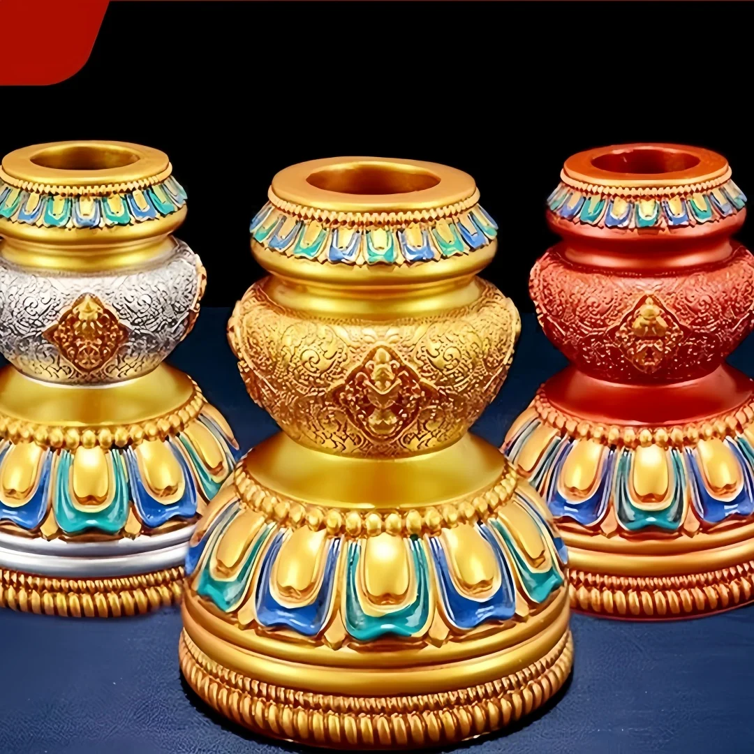 Tibetan Resin Rotating Prayer Wheel Base with Ethnic Style Eight Auspicious Symbols Stand for Meditation Altar Home Yoga Decorat