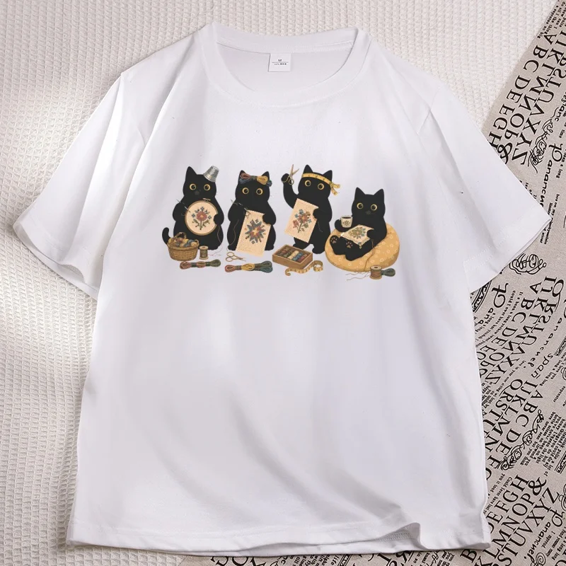 Cross Stitchign Black Cat T Shirt Men Women Funny Crafting Tee Cross Stitching Lover Soft Cotton T-Shirt Streetwear Clothes
