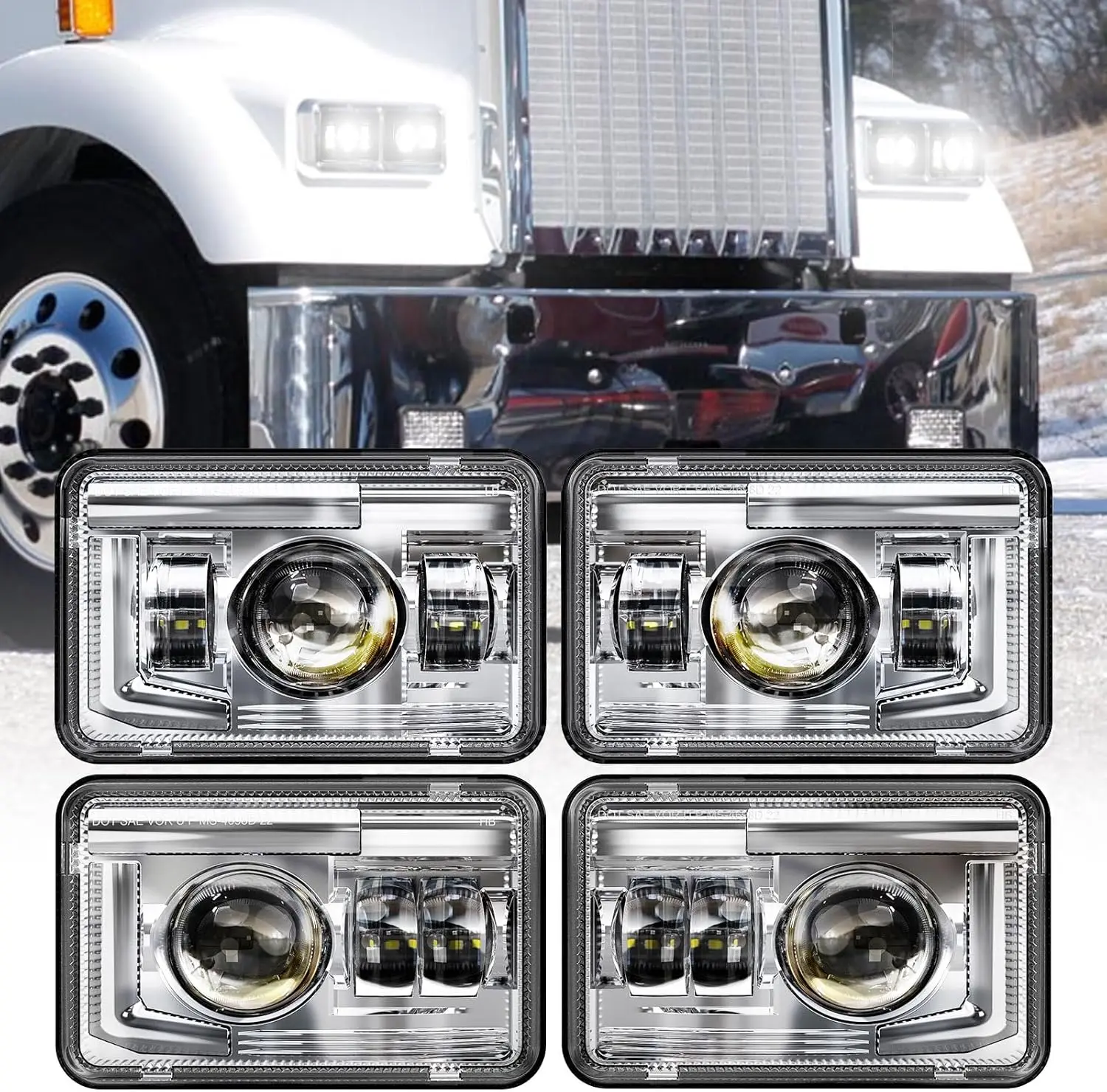 4 PCS DOT 4x6 Inch LED Headlights Rectangular Replacement H4651 H4652 H4656 H4666 H6545 Compatible with Kenworth Freightinger