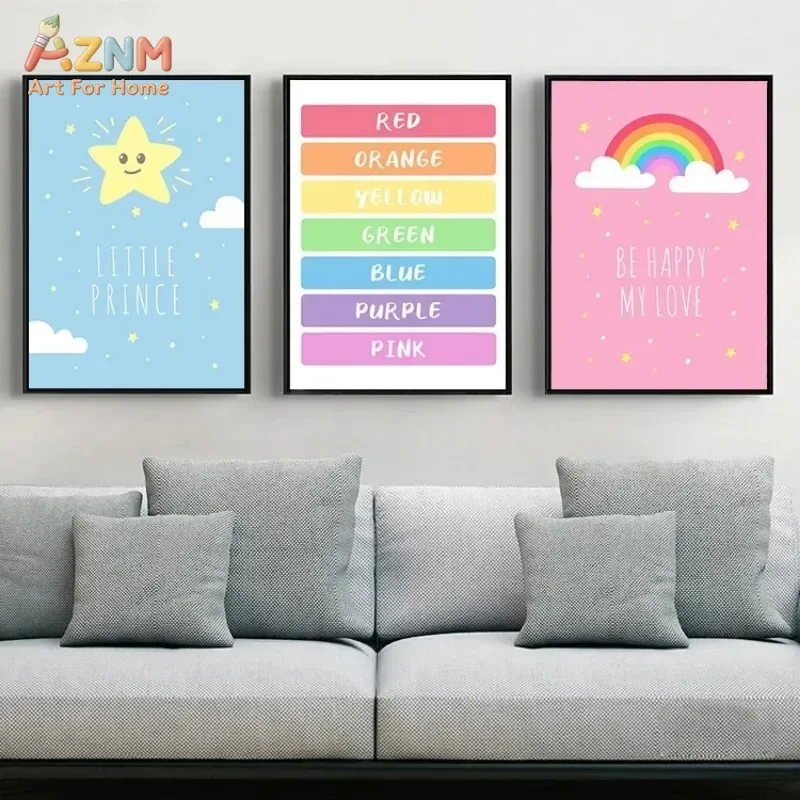 AZNM Pastel Rainbow Star Canvas Wall Art Color Learning Chart Sweet Positive Quote Soft Cute Kids Nursery Unframed Canvas Decor