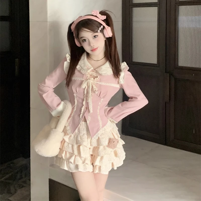 Japanese Style Kawaii Clothing 3 Piece Skirts Set Women Bodycon Slim Even Party Clothing Chic Autumn Lolita Suits Y2k Crop Tops