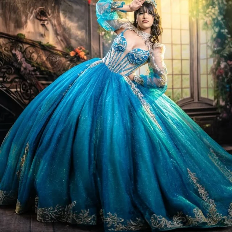 

Shiny royal blue Quinceanera Dress off-shoulder Lace crystal glitter decal Long tail vestidos de 15 Quinceanera ﻿Customized