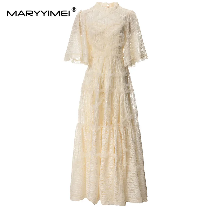 

MARYYIMEI Fashion Women's 2024 Spring Round Neck Flare Half-Sleeved Flounced Edge Mesh Embroidered Elegant Long Ball Gown Dress