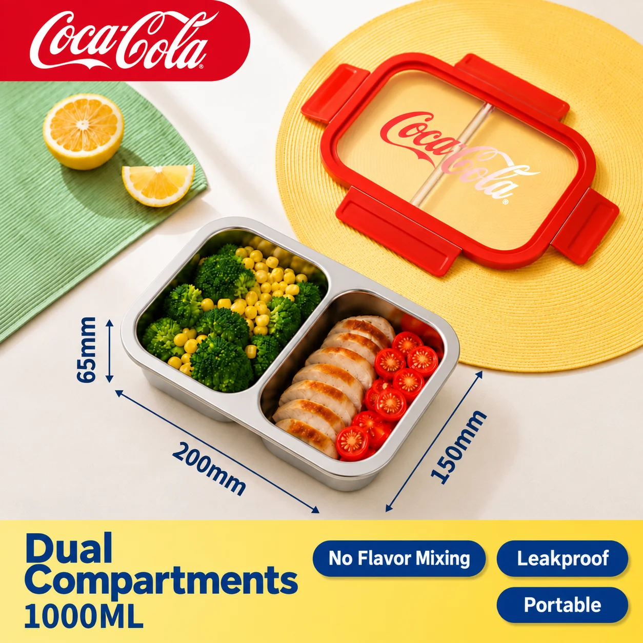 Coca Cola 304 roestvrijstalen lunchbox, lekvrij, makkelijk schoon te maken, draagbare bentobox voor kantoor, school, picknick, kamperen, kerstcadeaus