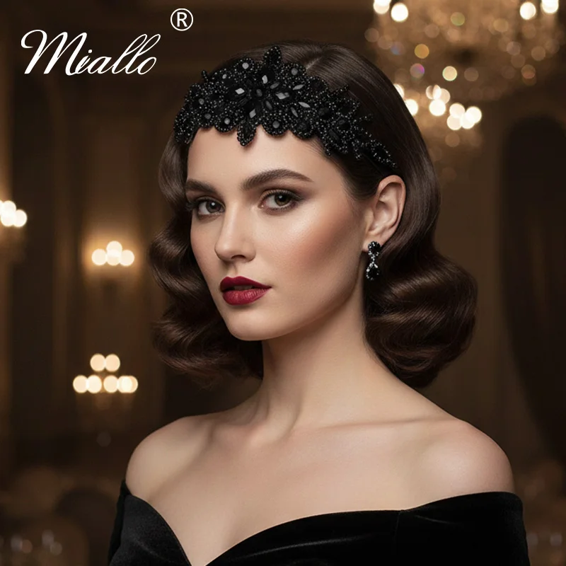 

Винтажный ободок Miallo в стиле 1920-х годов «Великий Гэтсби» с черными стразами, элегантный головной убор с кристаллами в стиле флеппер для готических вечеринок и выпускных балов