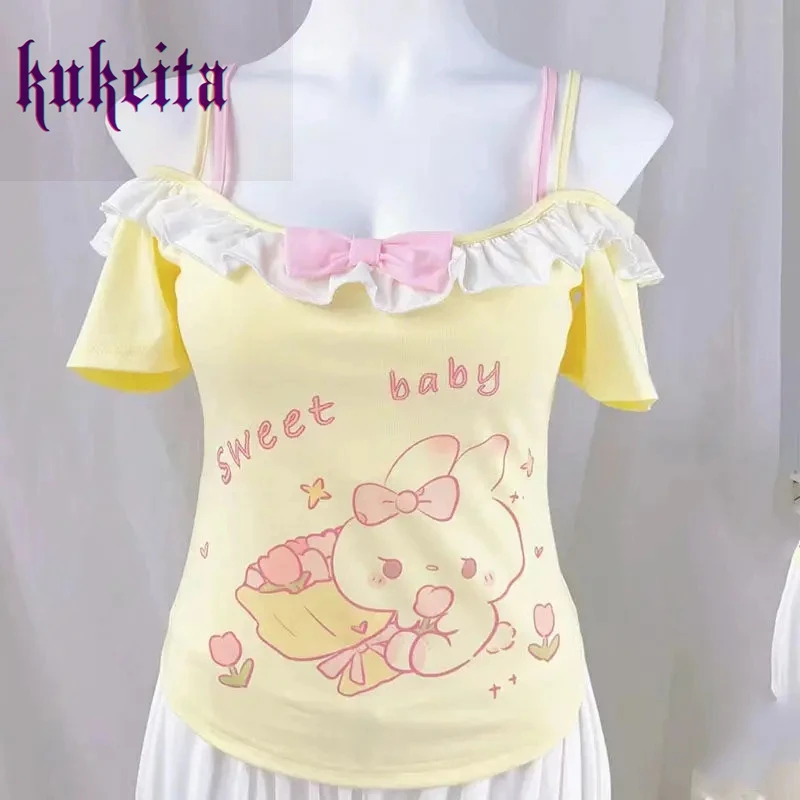 Harajuku Sweet Cute Lolita T-shirt Women Y2k Cartoon Bunny Print Pink Bow T-shirt Japanese Kawaii Off Shoulder Tees Y2k Tops