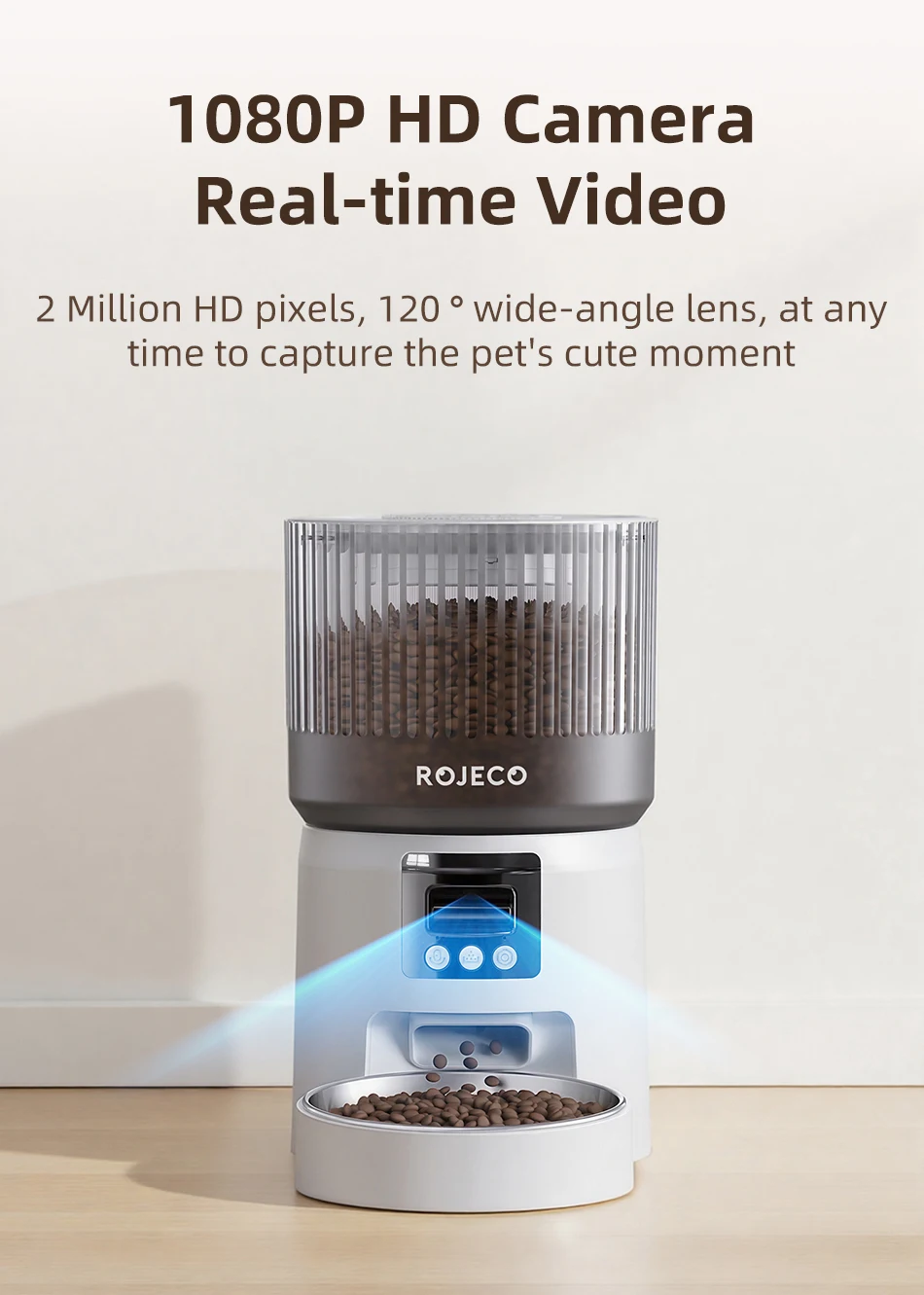 ROJECO Automatischer Katzenfutterautomat mit 1080P HD-Kamera, Video-Smart-Katzenfutterspender, WIFI-Fernbedienung, automatischer Tierfutterautomat für Katzen und Hunde – Detail 3
