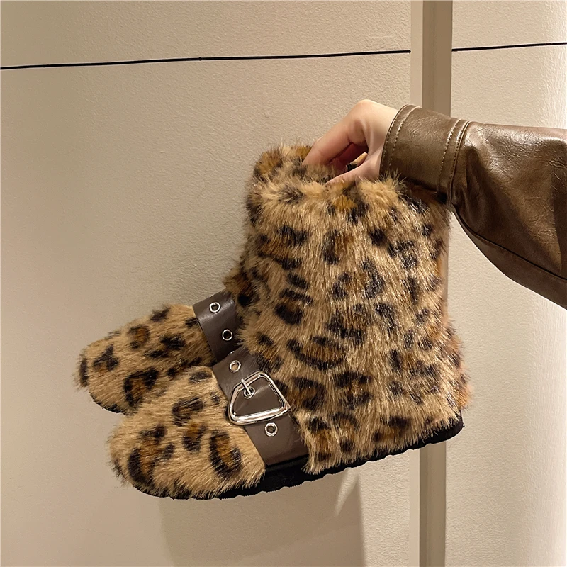 New Winter Snow Boots for Women Round Head Leopard Print Plush Side Zipper Belt Buckle Anti-slip Wear-resistant Short Boots